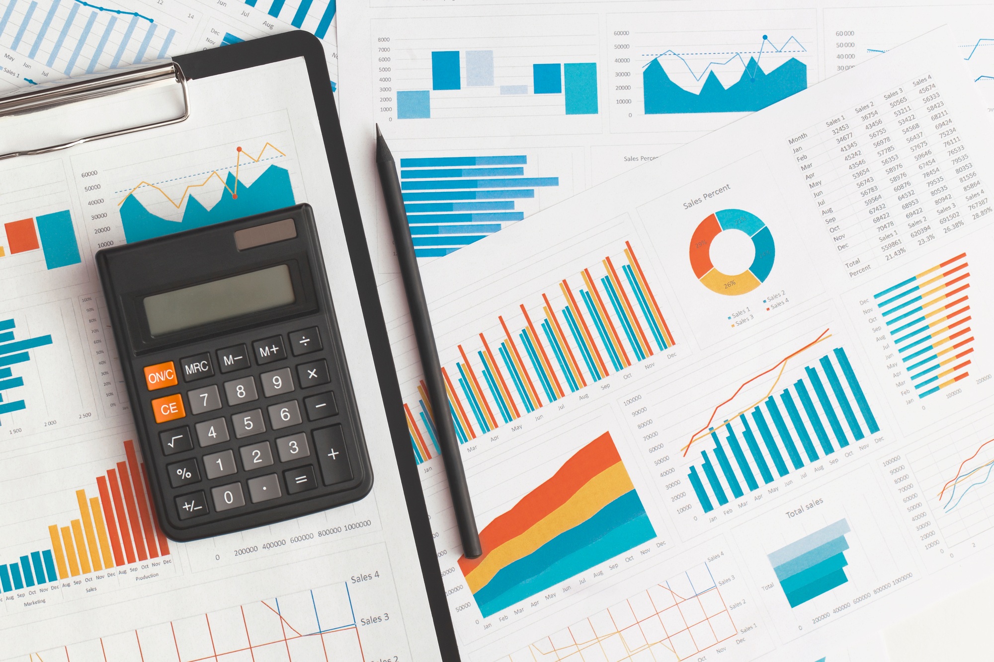 Business graphs, charts and calculator on table. Financial development
