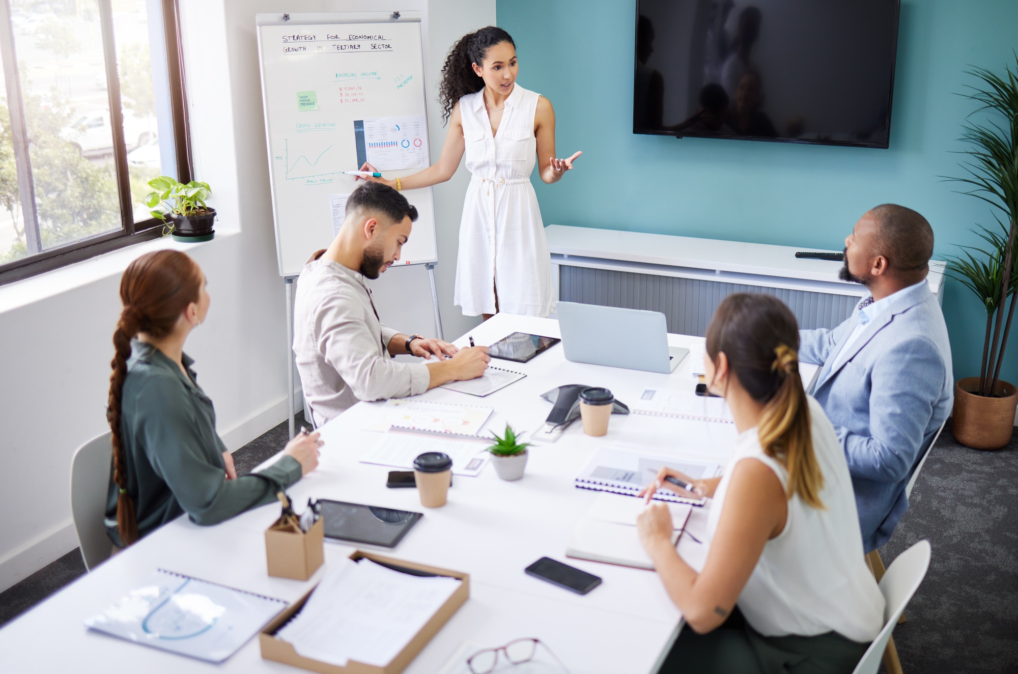 Presentation whiteboard, group meeting and business woman speech, report or teaching workforce, tea